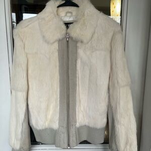 Mixit Vintage sz L cream/ taupe Y2K Real Rabbit Fur & Leather Bomber Jacket